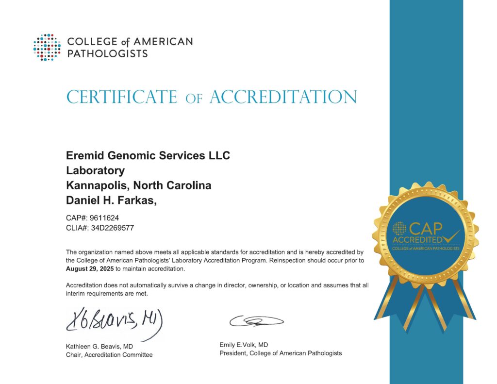 Eremid Genomic Services CAP Accreditation Certificate