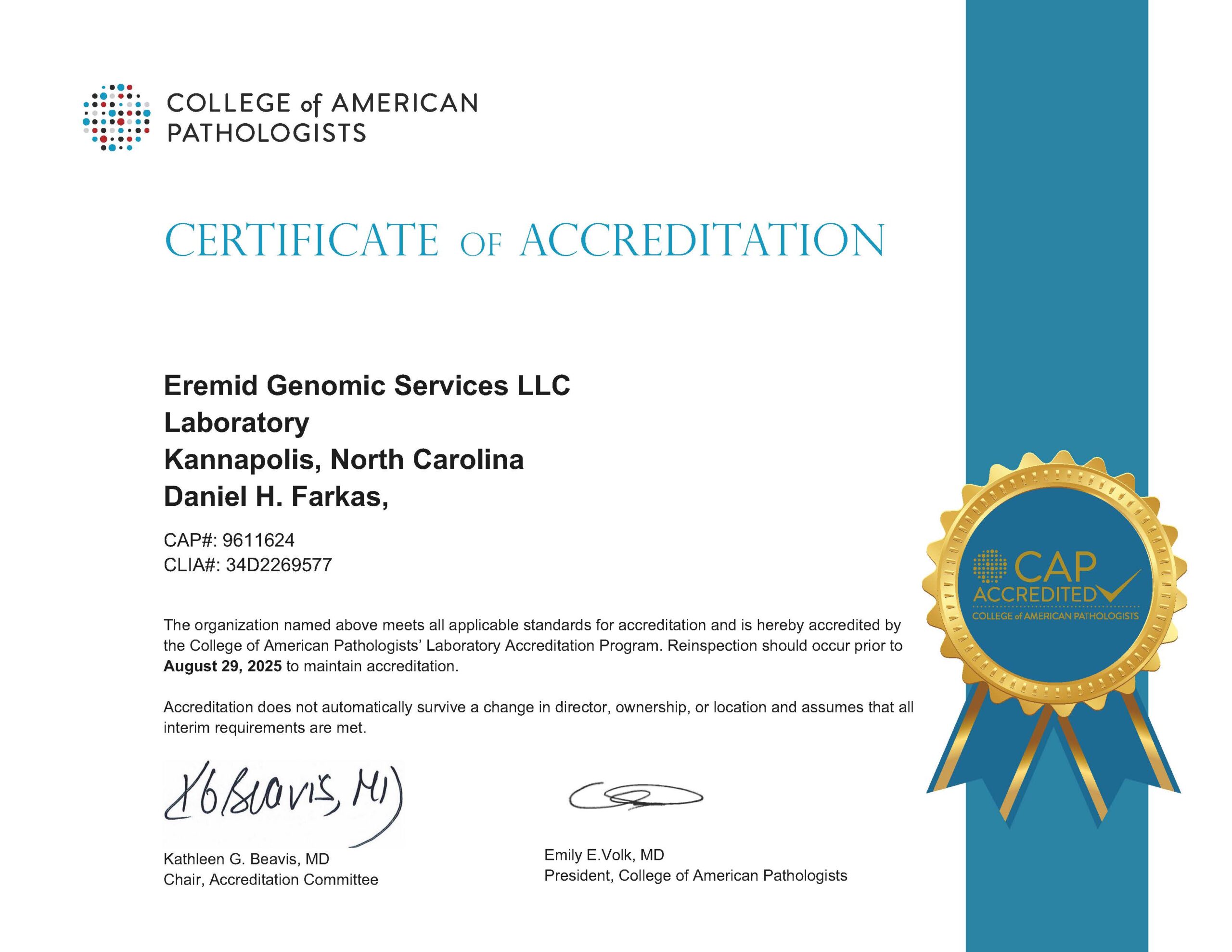 Eremid Genomic Services CAP Accreditation Certificate
